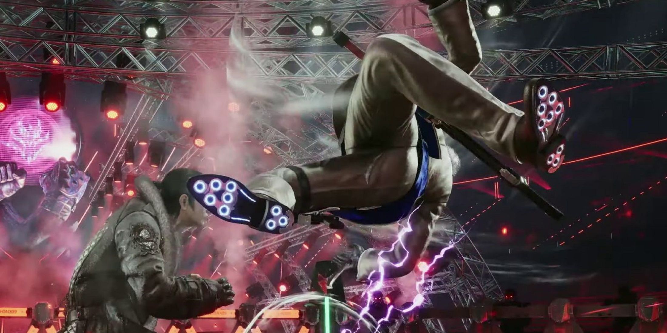 Sergei Dragunov from Tekken 8 engaged in combat with an opponent performing a dynamic aerial kick.