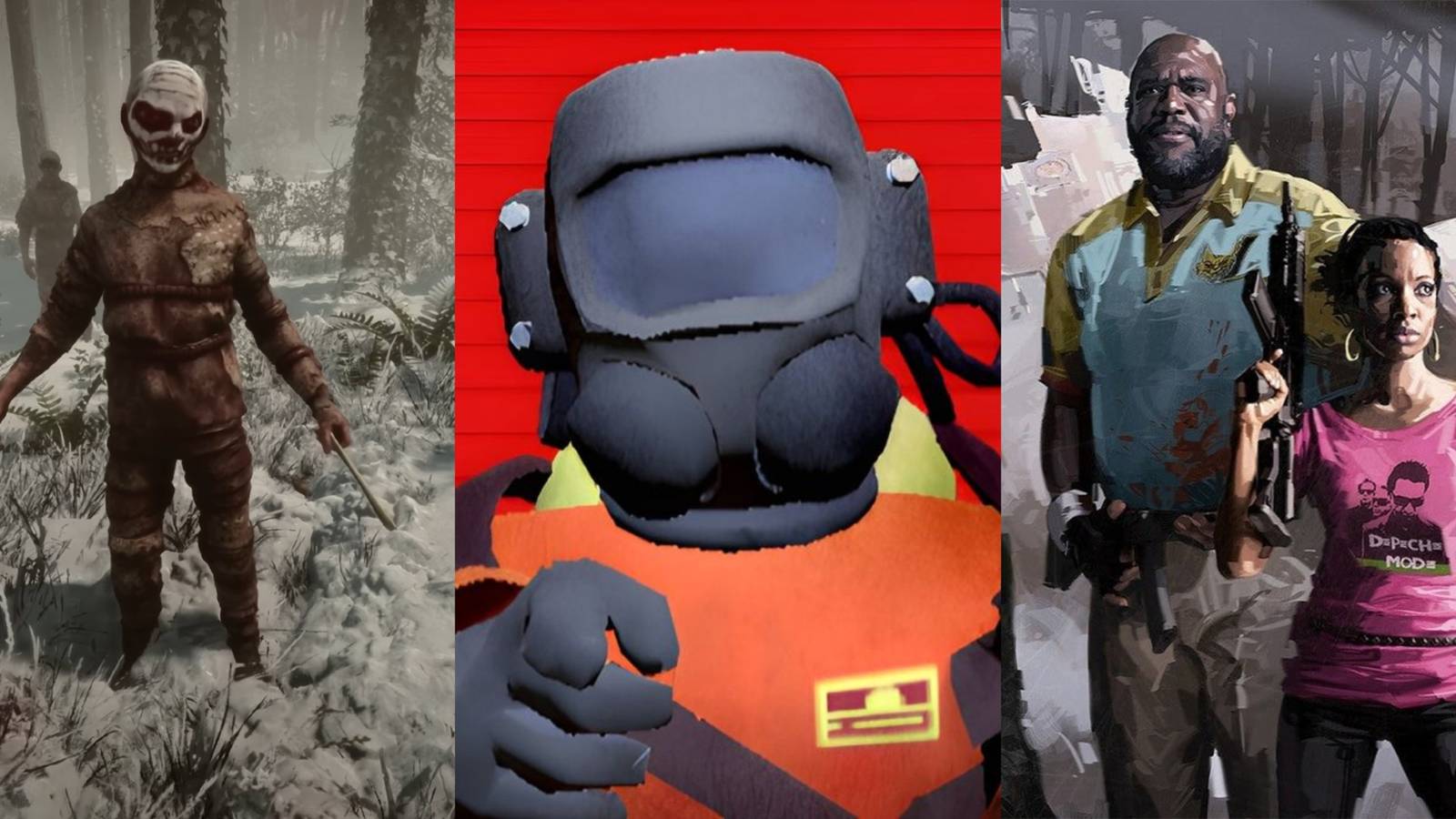 Stills from Sons of the Forest, Lethal Company, and Left 4 Dead 2