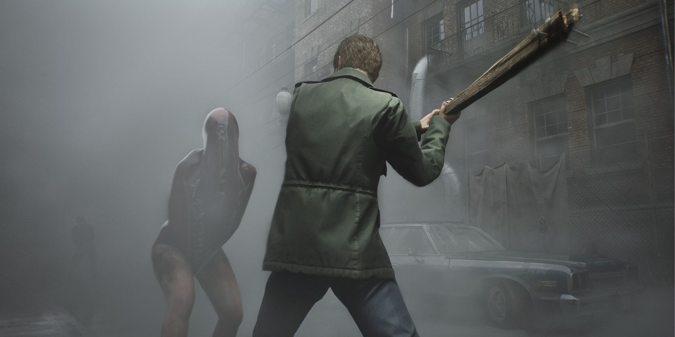 James Sunderland from Silent Hill 2 hitting a mosnter with a baseball bat. 