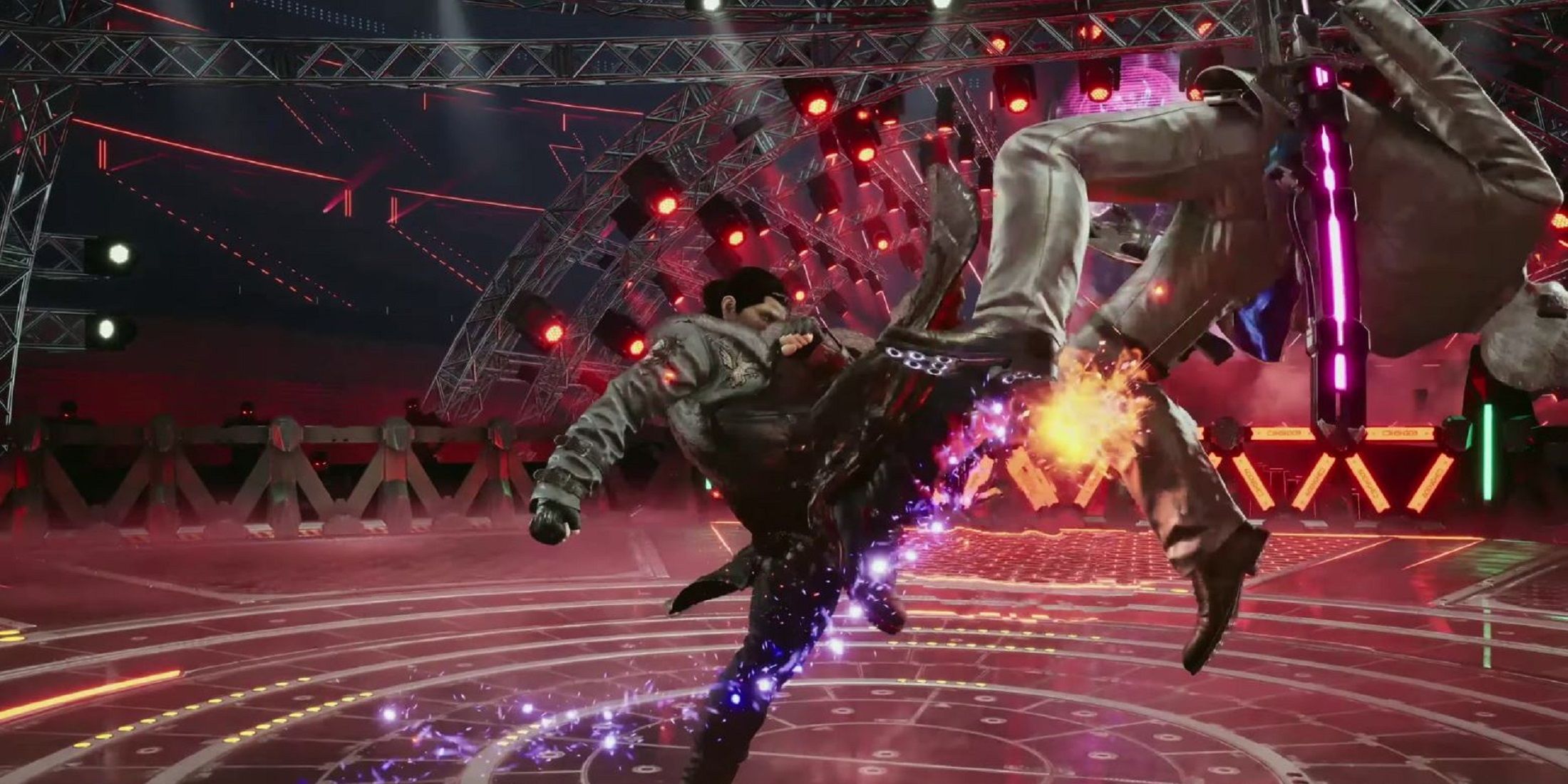 Sergei Dragunov from Tekken 8 performing a powerful kick against an opponent in a dynamic fight scene. 