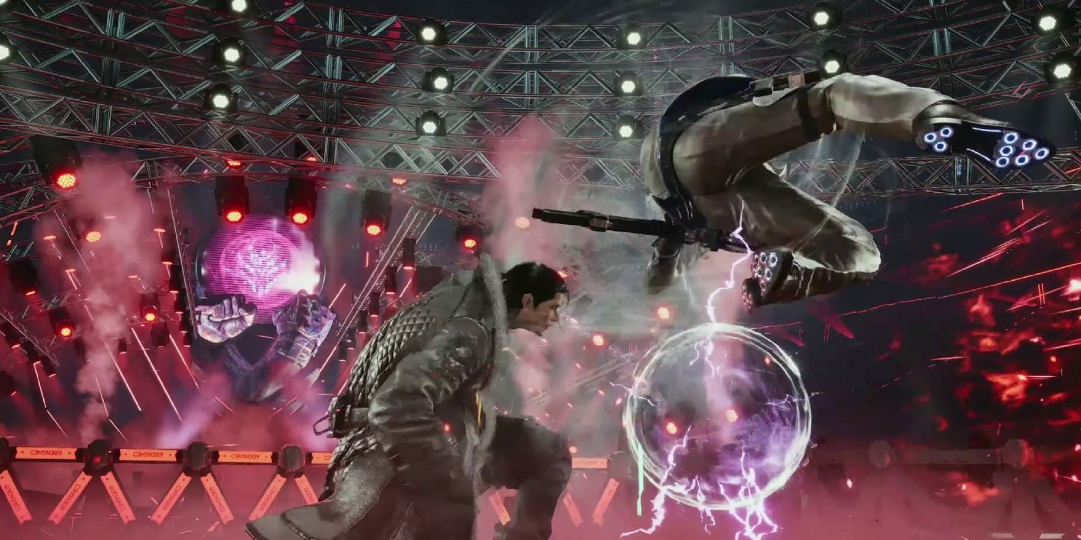 Sergei Dragunov from Tekken 8 engaged in a fierce battle against an opponent performing an aerial attack. 