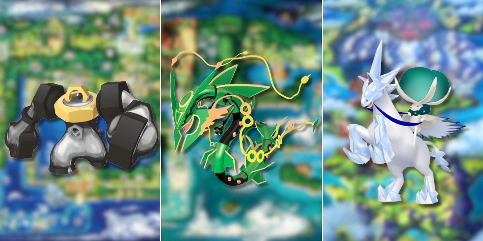 A collage of 3 strong Pokemon who can only be found in one regional Pokedex: Melmetal in Kanto, Mega Rayquaza in Hoenn and Calyrex in Galar's Crown Tundra.