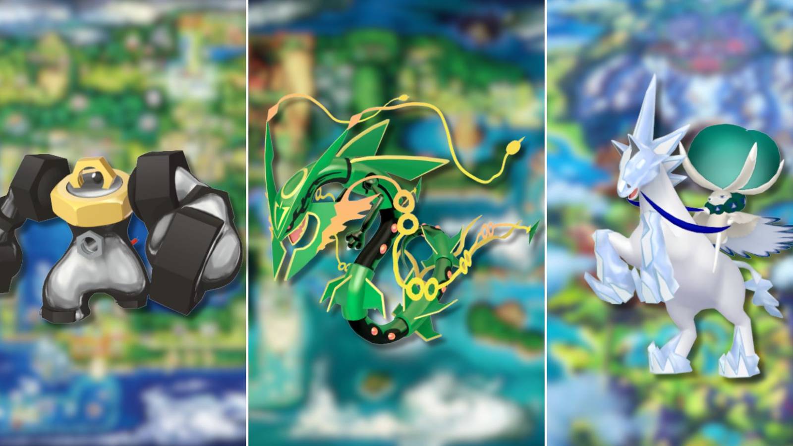 A collage of 3 strong Pokemon who can only be found in one regional Pokedex: Melmetal in Kanto, Mega Rayquaza in Hoenn and Calyrex in Galar's Crown Tundra.