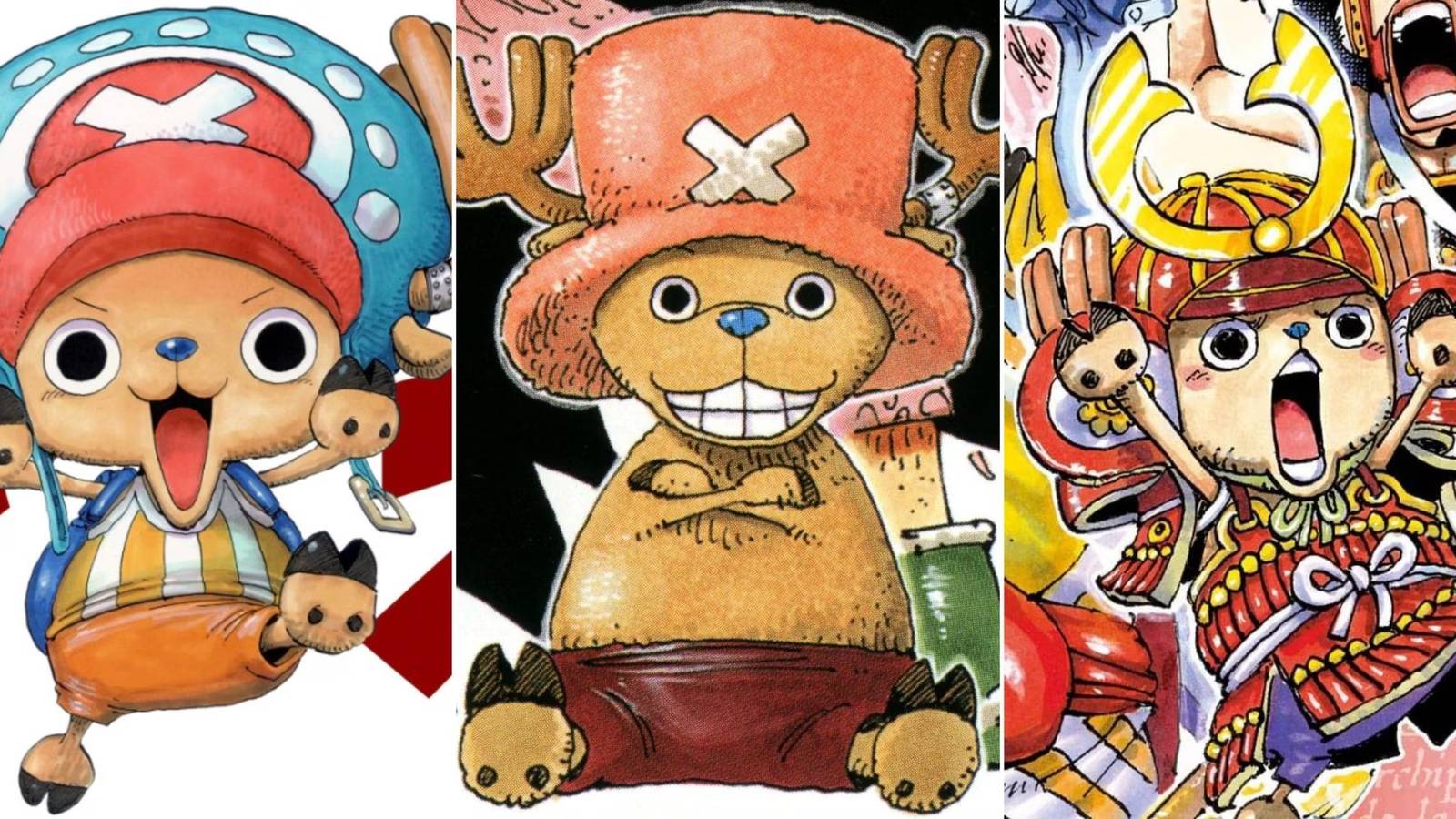 A collage of official One Piece manga art of Chopper in 3 different outfits_ His post-timeskip outfit, his original outfit and his Raid on Onigashima outfit. 