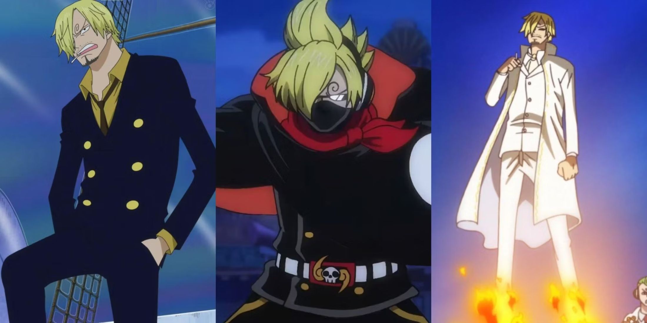 A collage of some of Sanji's most iconic outfits_ His Post-Timeskip outfit, his Soba Mask raid suit and his Wedding attire in One Piece (1)