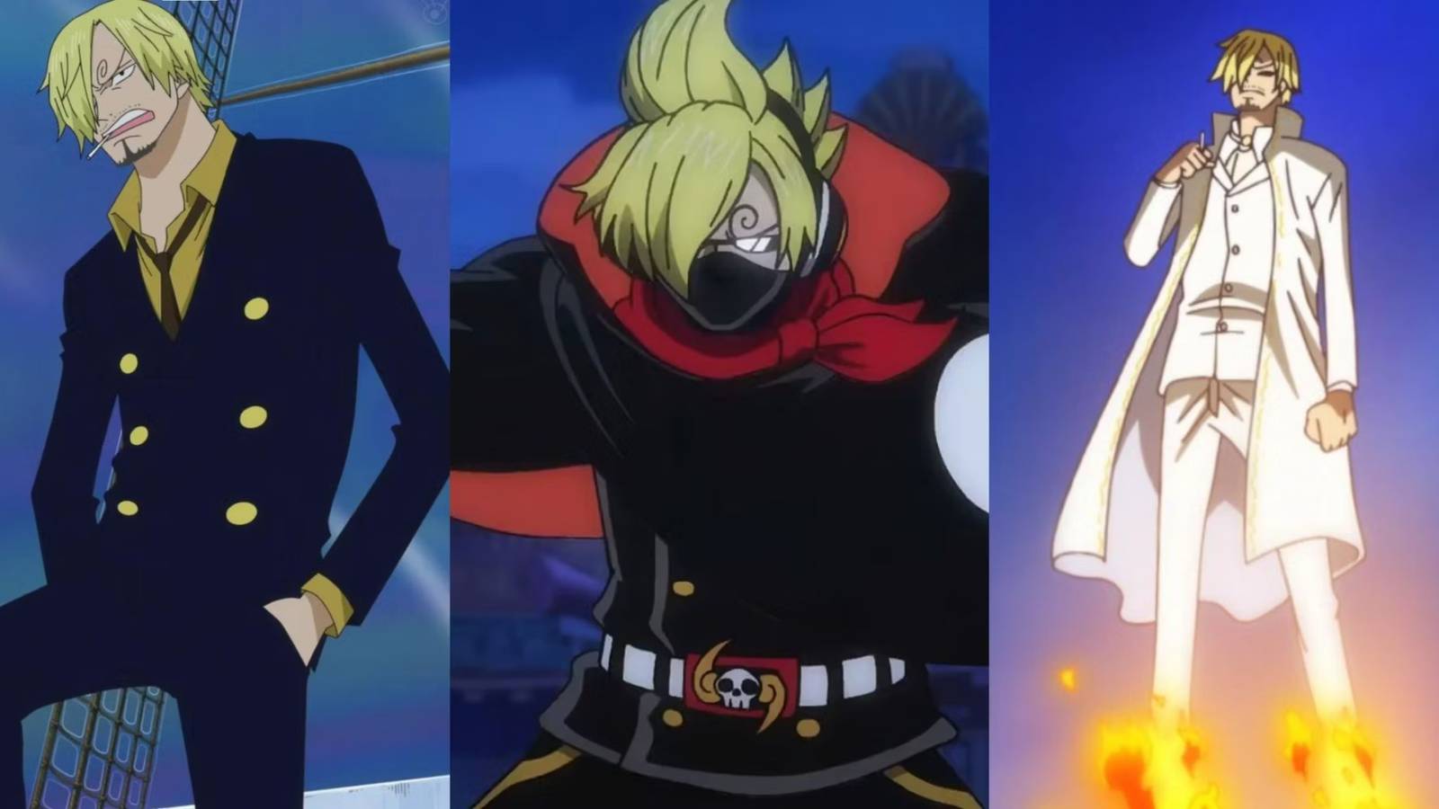 A collage of some of Sanji's most iconic outfits_ His Post-Timeskip outfit, his Soba Mask raid suit and his Wedding attire in One Piece (1)