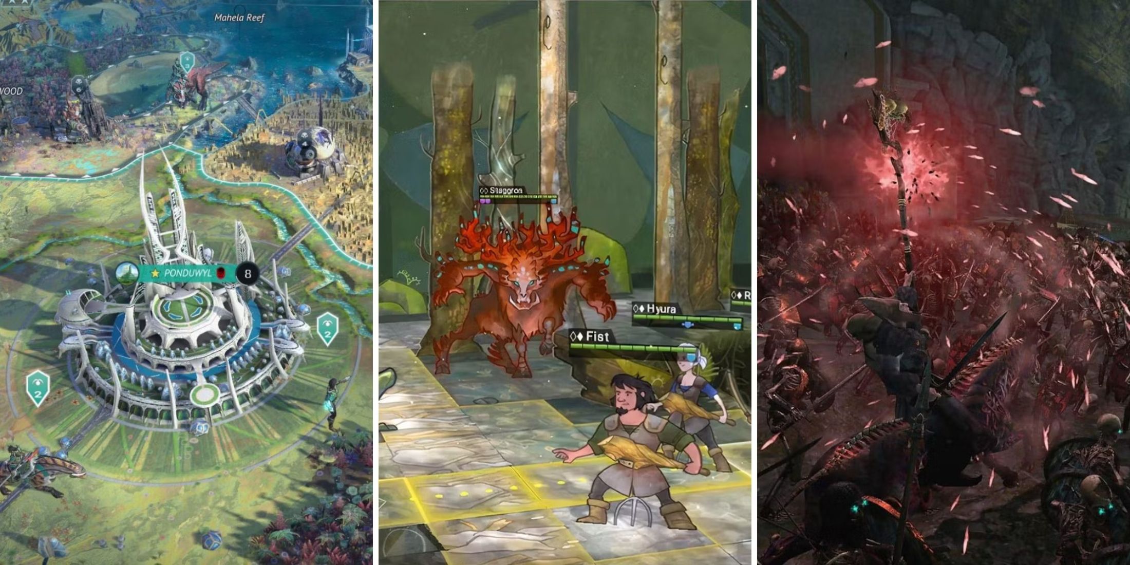 a grid showing the strategy games Age of Wonders_ Planetfall, Wildermyth, and Total War_ Warhammer 2 (1)