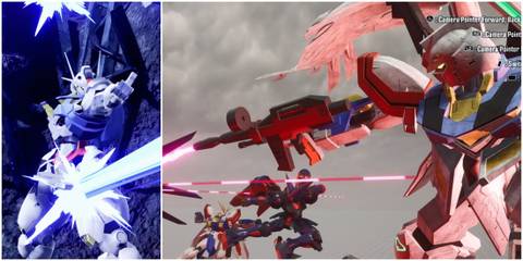 a split image of ranged weapons being used in gundam breaker 4