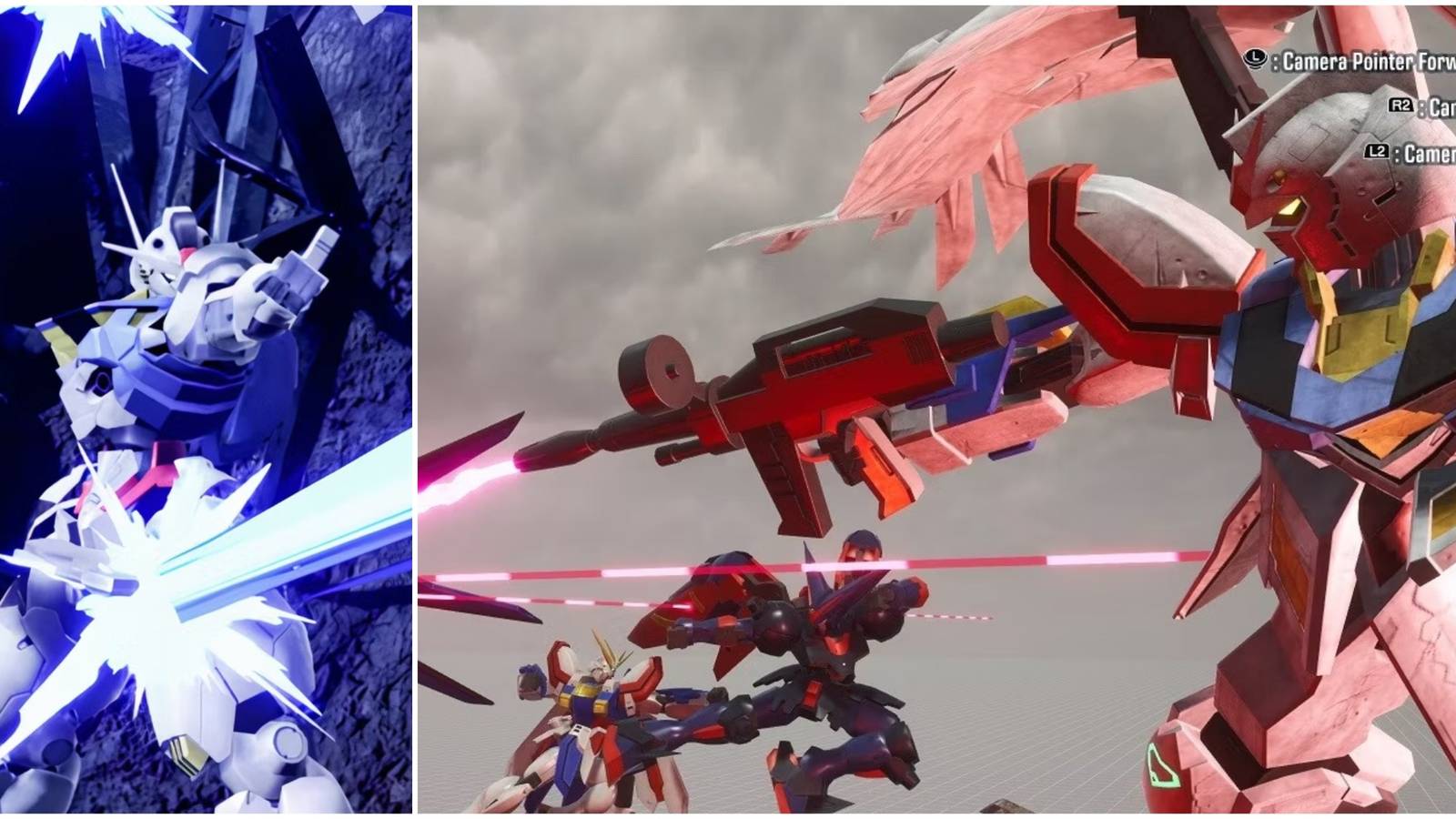 a split image of ranged weapons being used in gundam breaker 4
