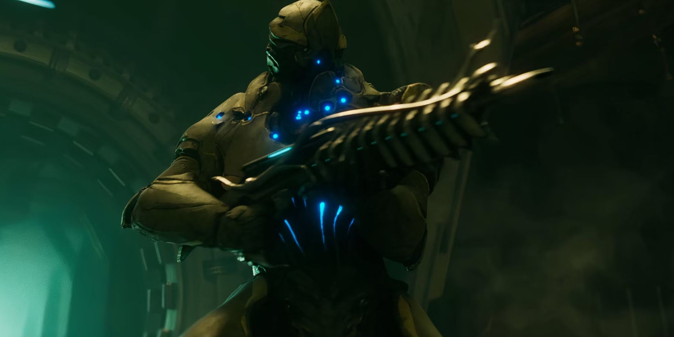 A Warframe firing a weapon