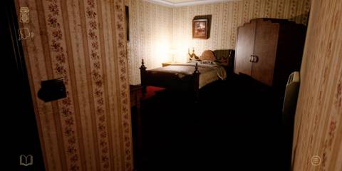 At Dead of Night An old bedroom with wooden furniture, beige wallpaper, and a single bedside lamp lighting up the space
