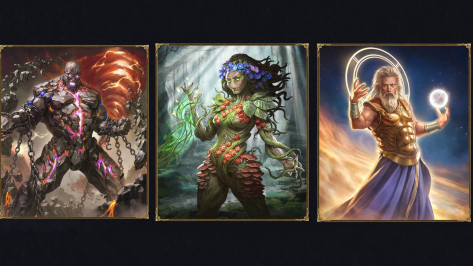 Age of Mythology Retold Atlantean Pantheon: portraits of the three Atlantean gods, Kronos, Gaia, and Oranos..