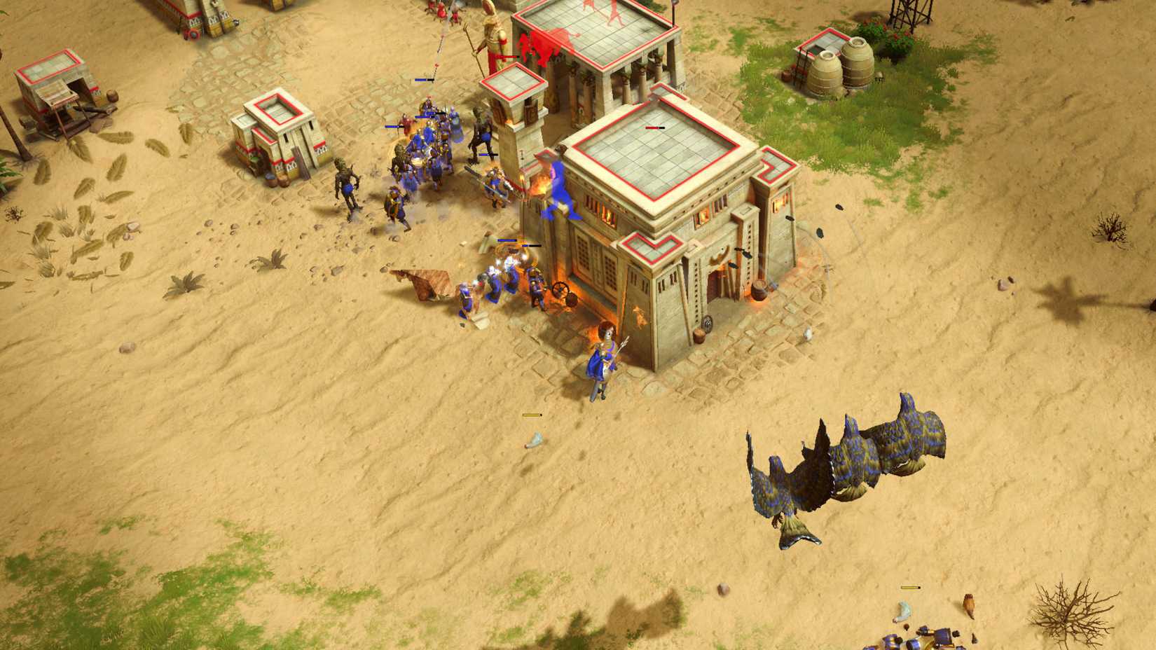Age of Mythology Retold Atlantean Pantheon: an army of heroes and mythical units from the Atlantean army is destroying several Egyptian buildings.