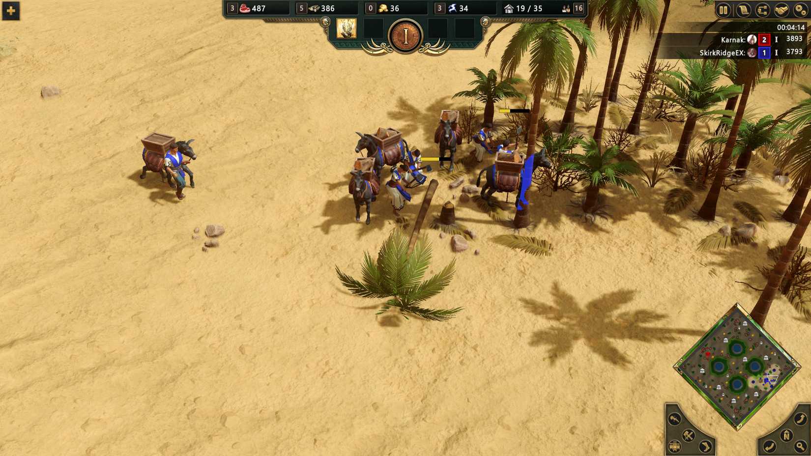 Age of Mythology Retold Atlantean Pantheon: Citizens are chopping wood in a desert, while accompanied by donkeys with baskets on their backs.