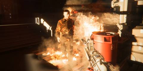 A human animatronic walking through a blazing fire