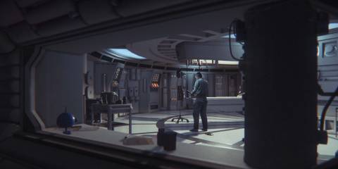A man standing inside a space station command room
