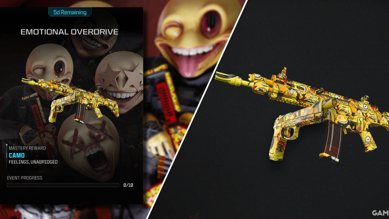 Split-image showcasing the Emotional Overdrive event in Modern Warfare 3 and Warzone