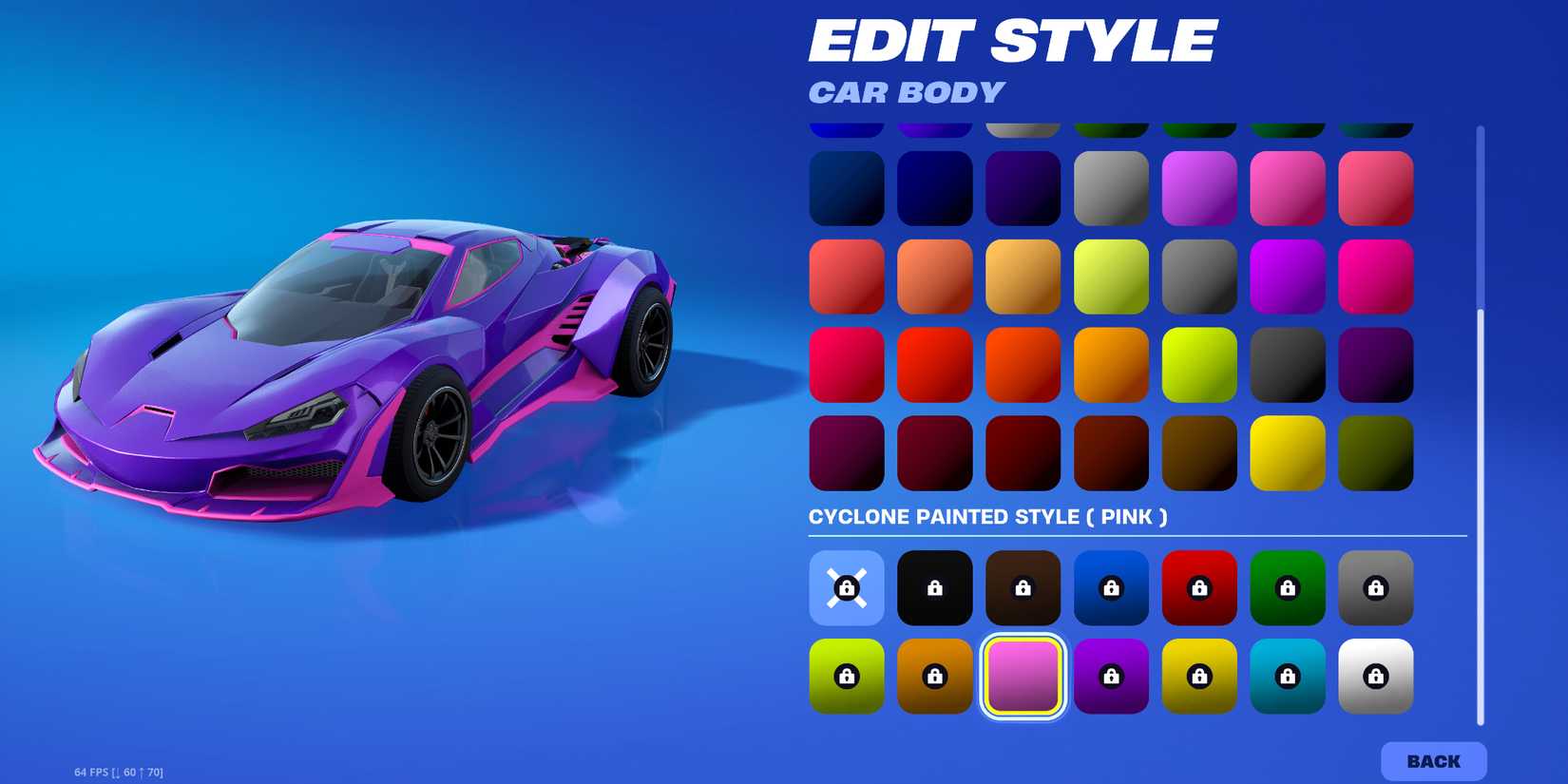 Screenshot showcasing all painted styles for the Cyclone in Fortnite 