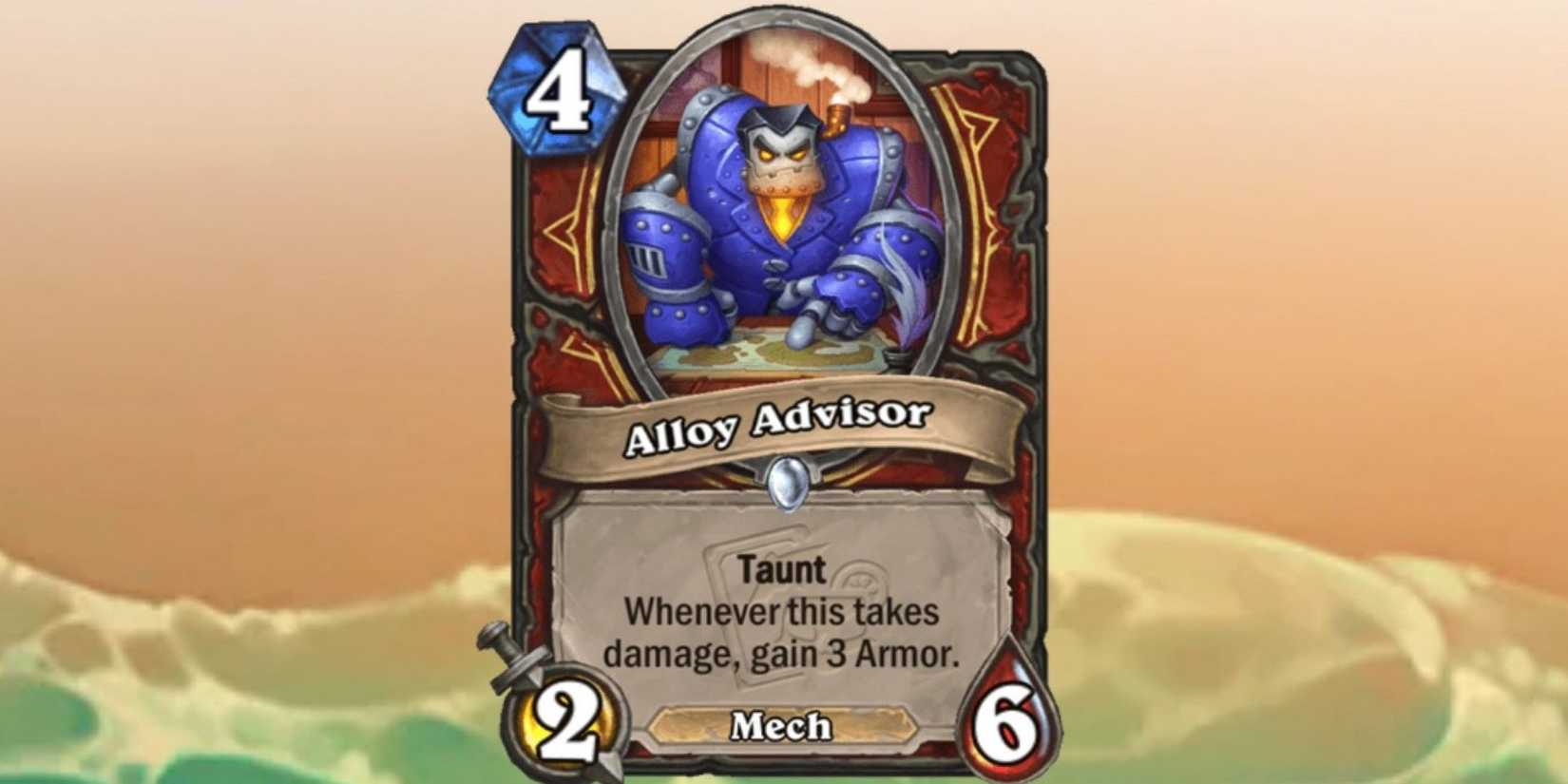 Alloy Advisor card from Hearthstone on a beach themed background