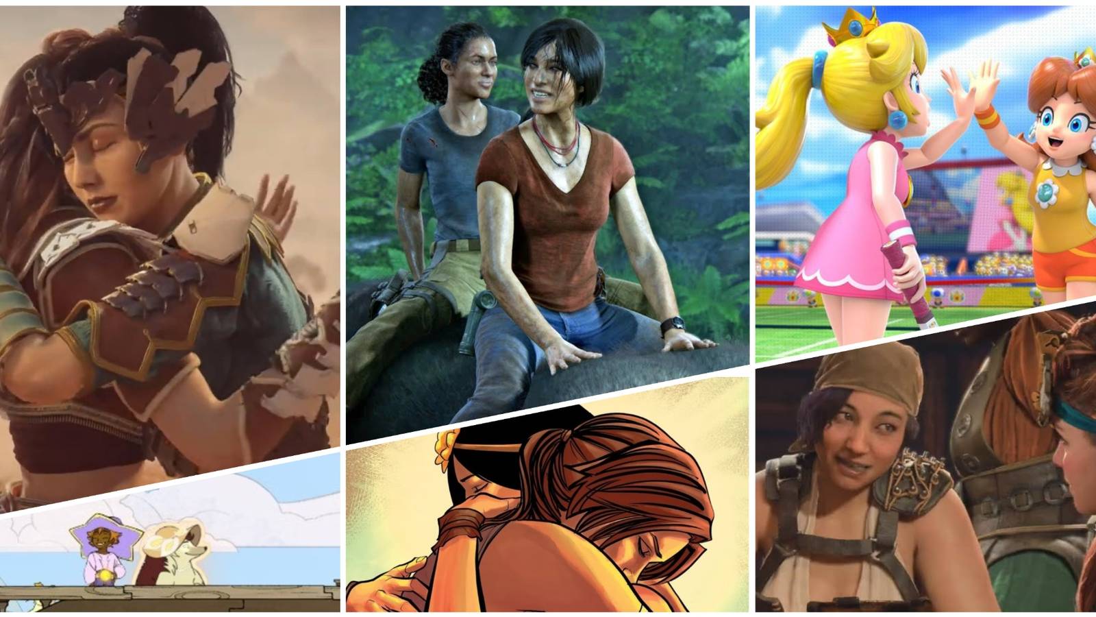 Aloy, Lara Croft, Chloe and Princess Peach with their best friends in Spiritfarer, Horizon: Zero Dawn, Uncharted: Lost Legacy and Super Mario Bros