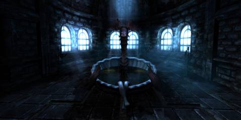 A large room with a fountain in the middle, featuring a baby head at the top in Amnesia: The Dark Descent