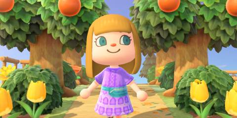 animal crossing villager in front of fruit trees