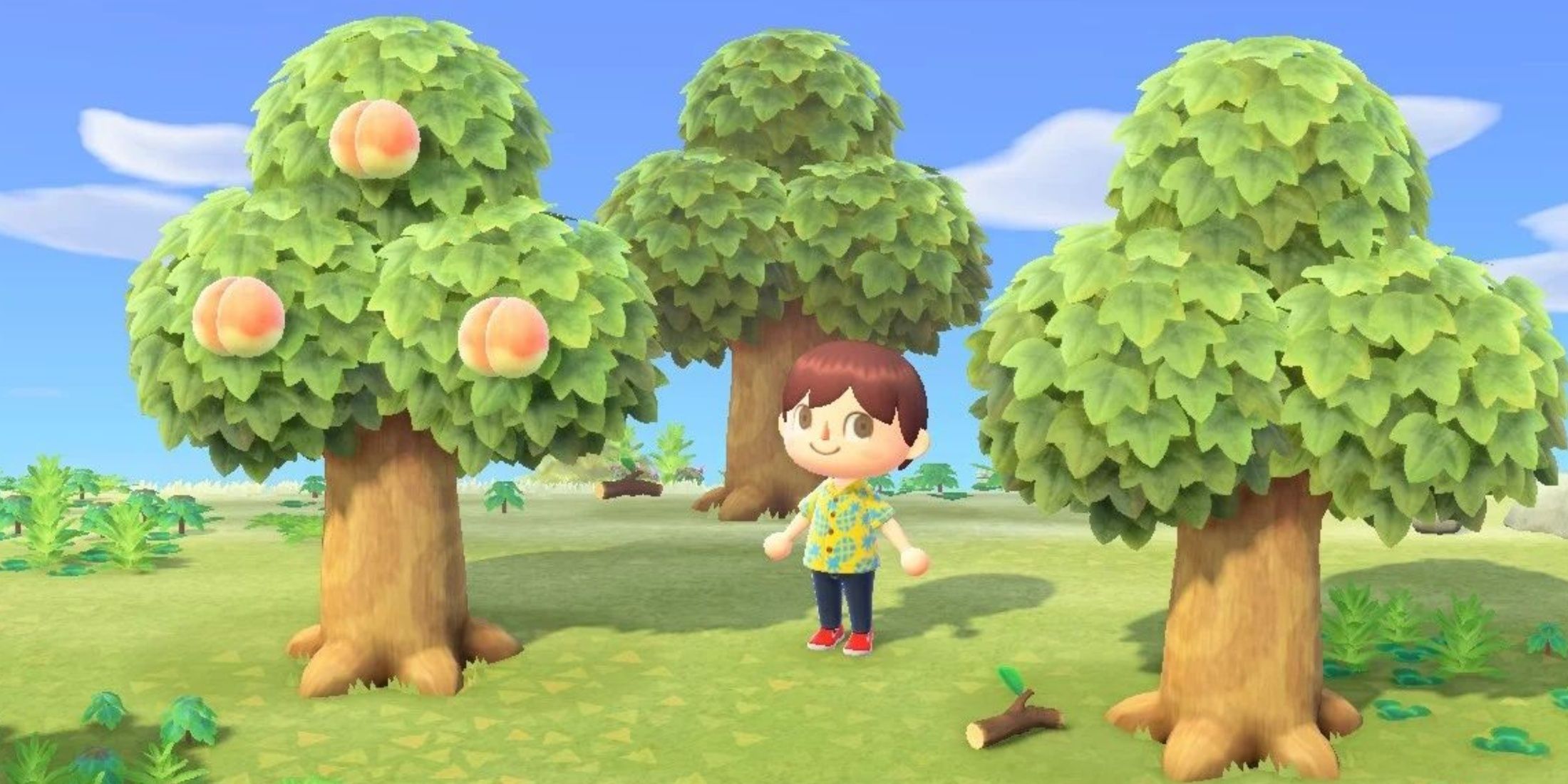 Player character next to a peach tree in Animal Crossing: New Horizons