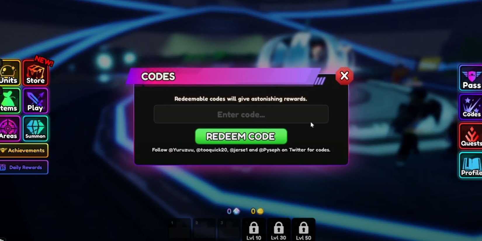 Anime Vanguards the codes tab