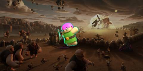Archer Puppet on a background depicting a battle in Clash of Clans