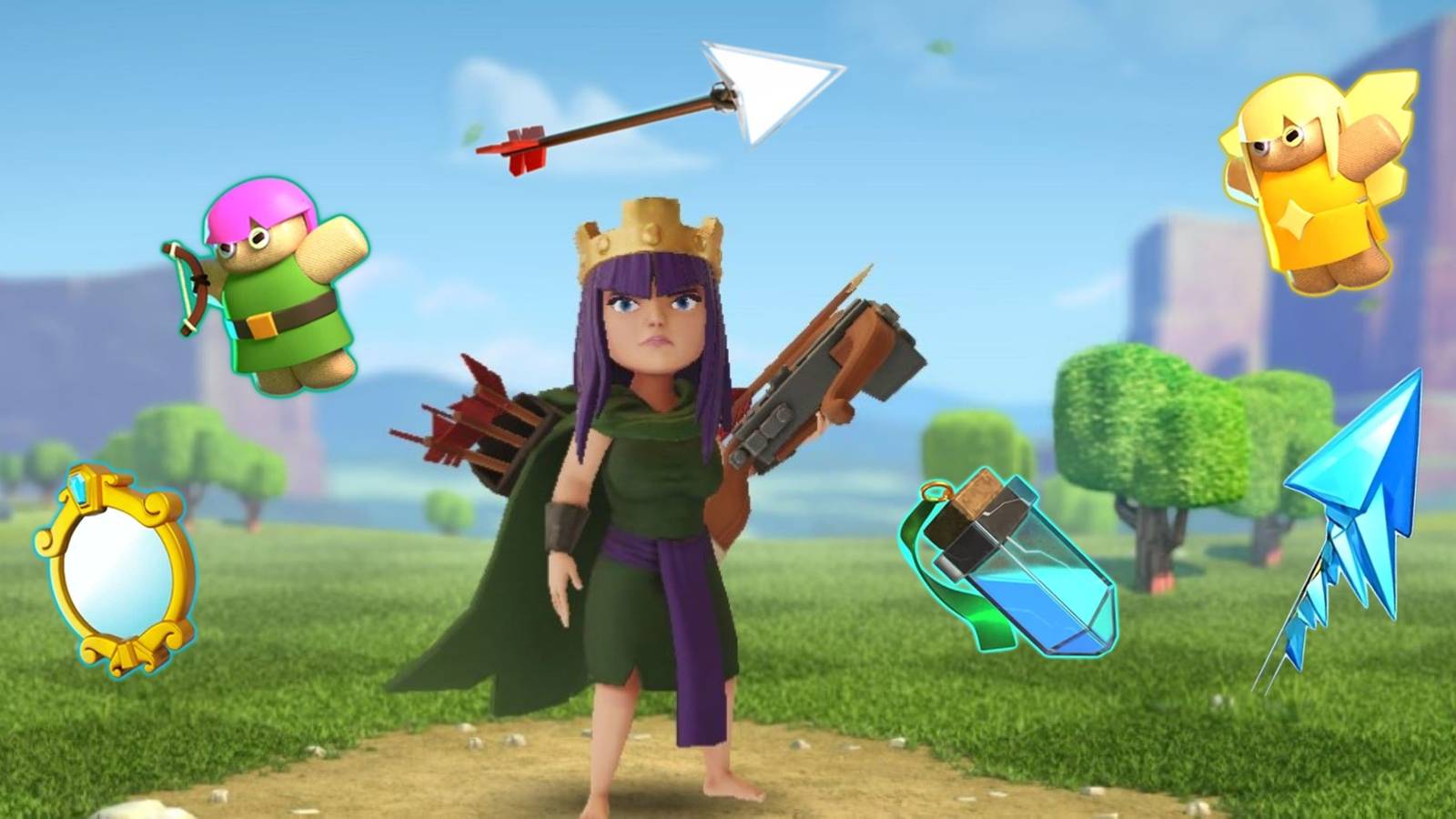 Archer Queen standing in a green field surrounded by her Hero Equipment in Clash of Clans