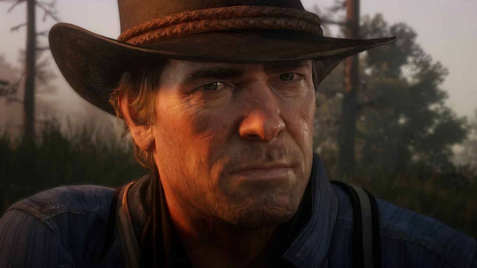 Arthur Morgan looks ahead with a concerned expression