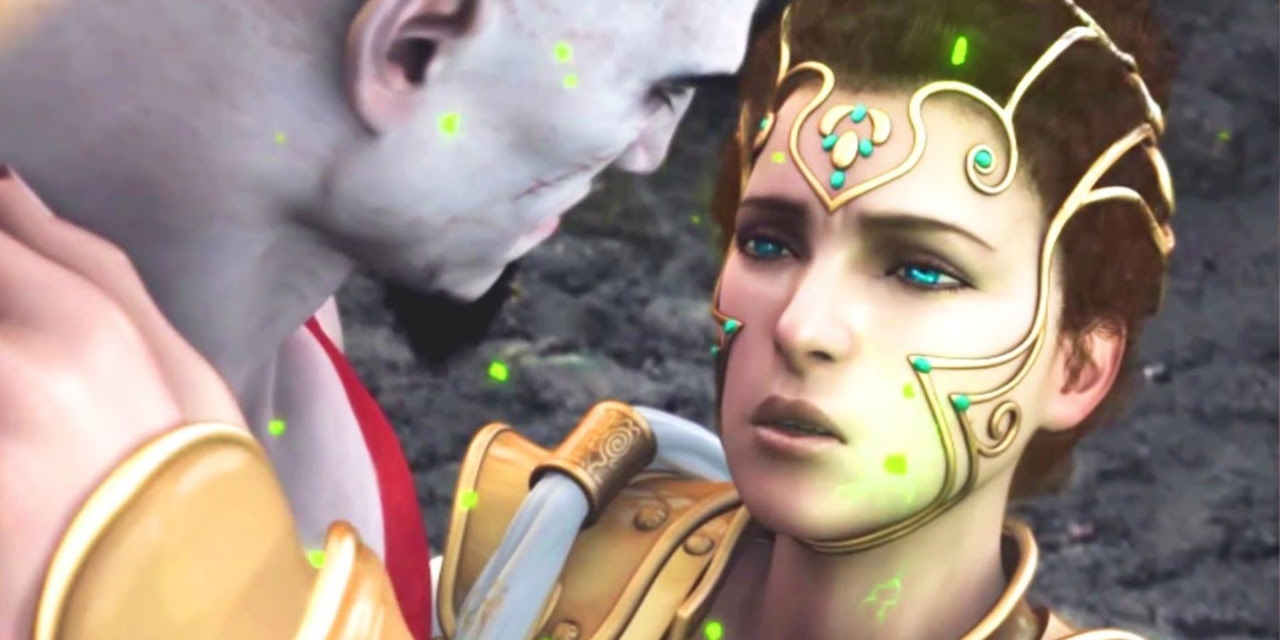 Athena embraces Kratos as she dies in 'God of War II'