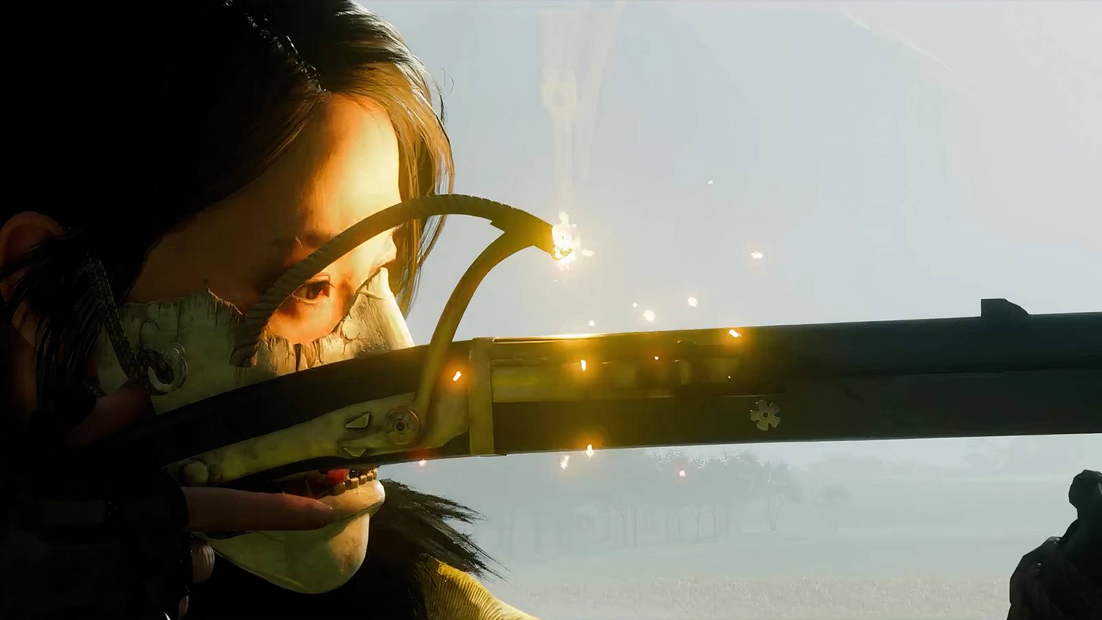 Atsu firing a matchlock gun in Ghost of Yotei