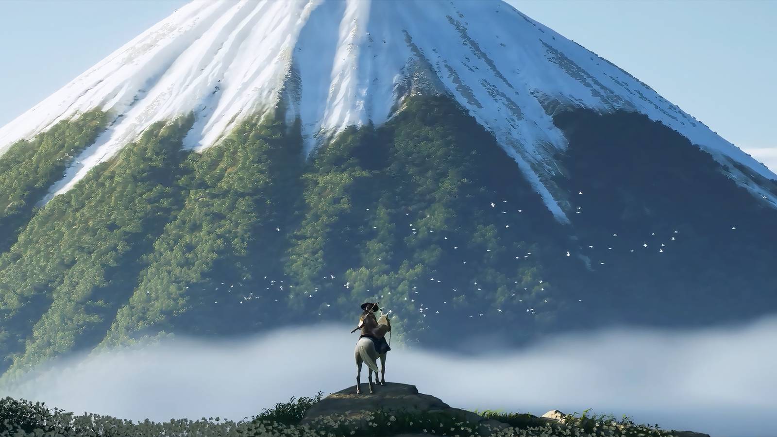 Atsu looking out at Mount Yotei in Ghost of Yotei-1