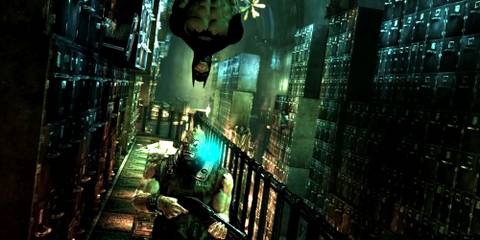 Batman hanging from a vantage point in Batman: Arkham Asylum