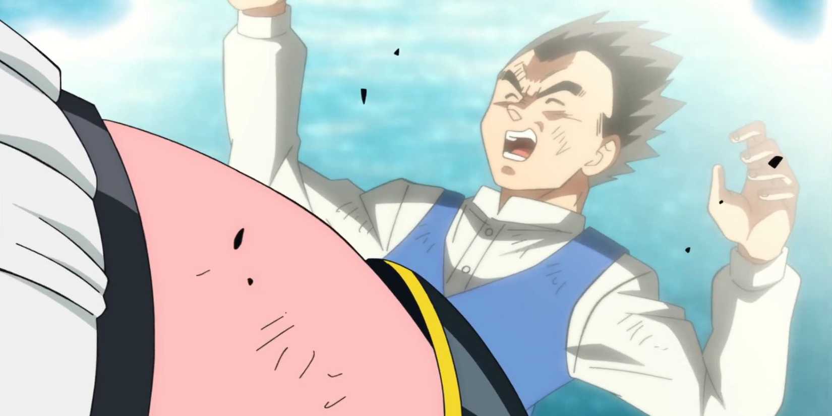 Beerus hitting Gohan with Buu 