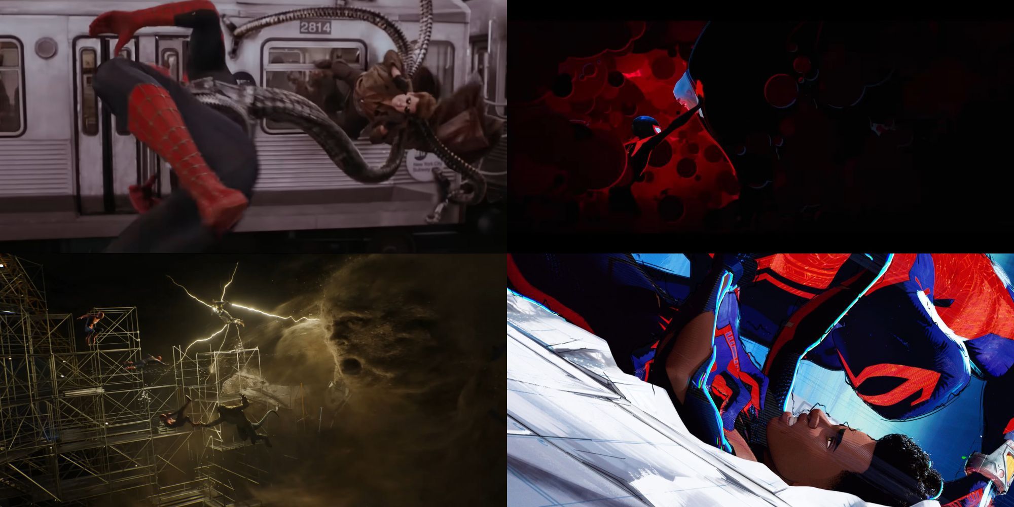 A collage of 4 different fights from Spider-Man movies: Doctor Octopus from SM2, Kingpin from ITSV, Sandman, Lizard and Electro from NWH and Miguel from ATSV.