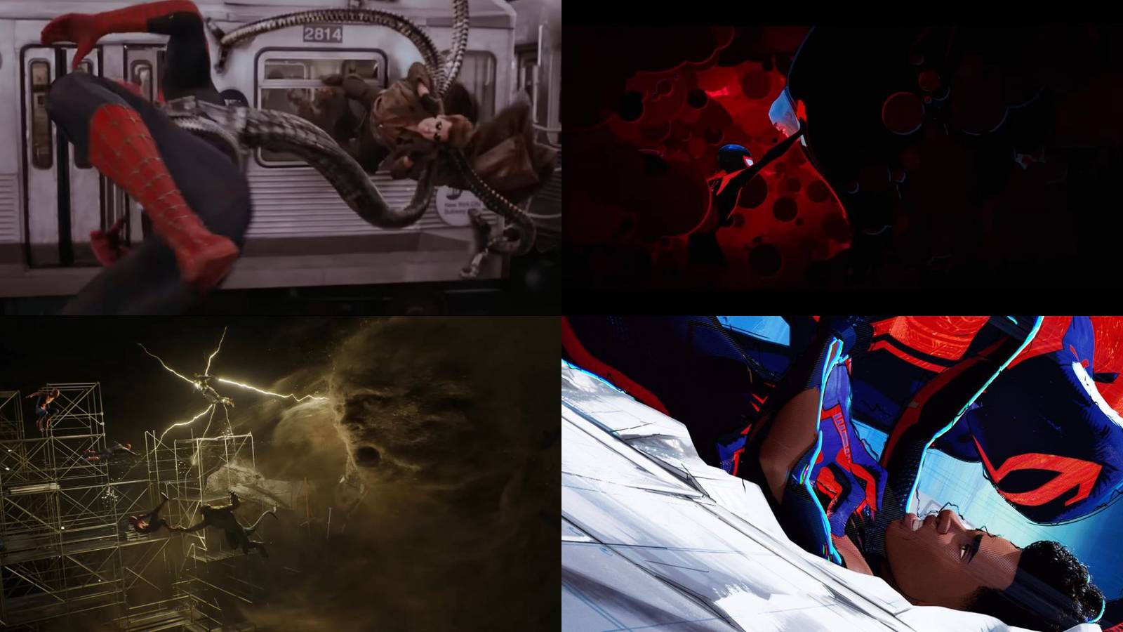 A collage of 4 different fights from Spider-Man movies: Doctor Octopus from SM2, Kingpin from ITSV, Sandman, Lizard and Electro from NWH and Miguel from ATSV.