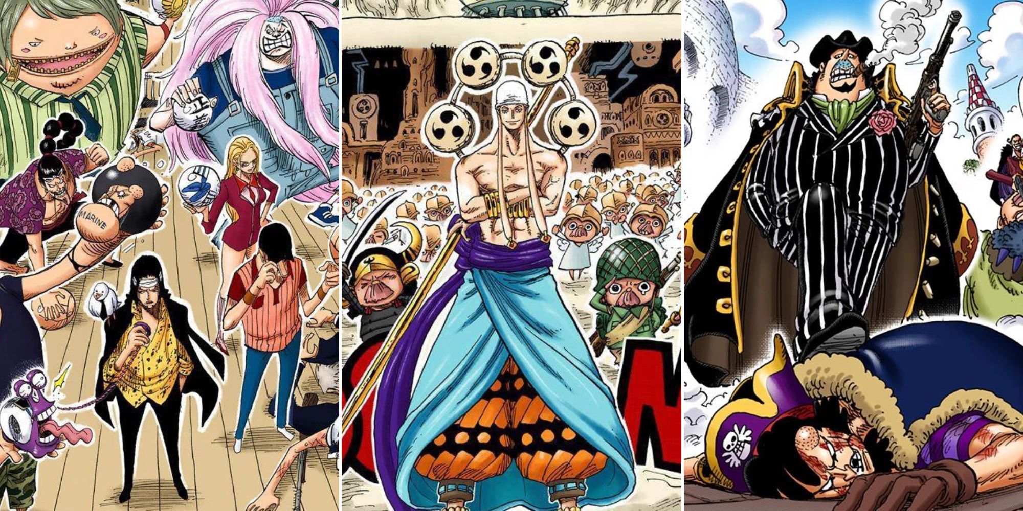 A collage featuring screenshots from 3 different One Piece Cover Stories: CP9's Independent Report, Enel's Great Space Operations & 