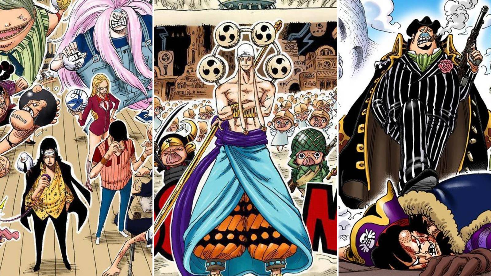 A collage featuring screenshots from 3 different One Piece Cover Stories: CP9's Independent Report, Enel's Great Space Operations & 