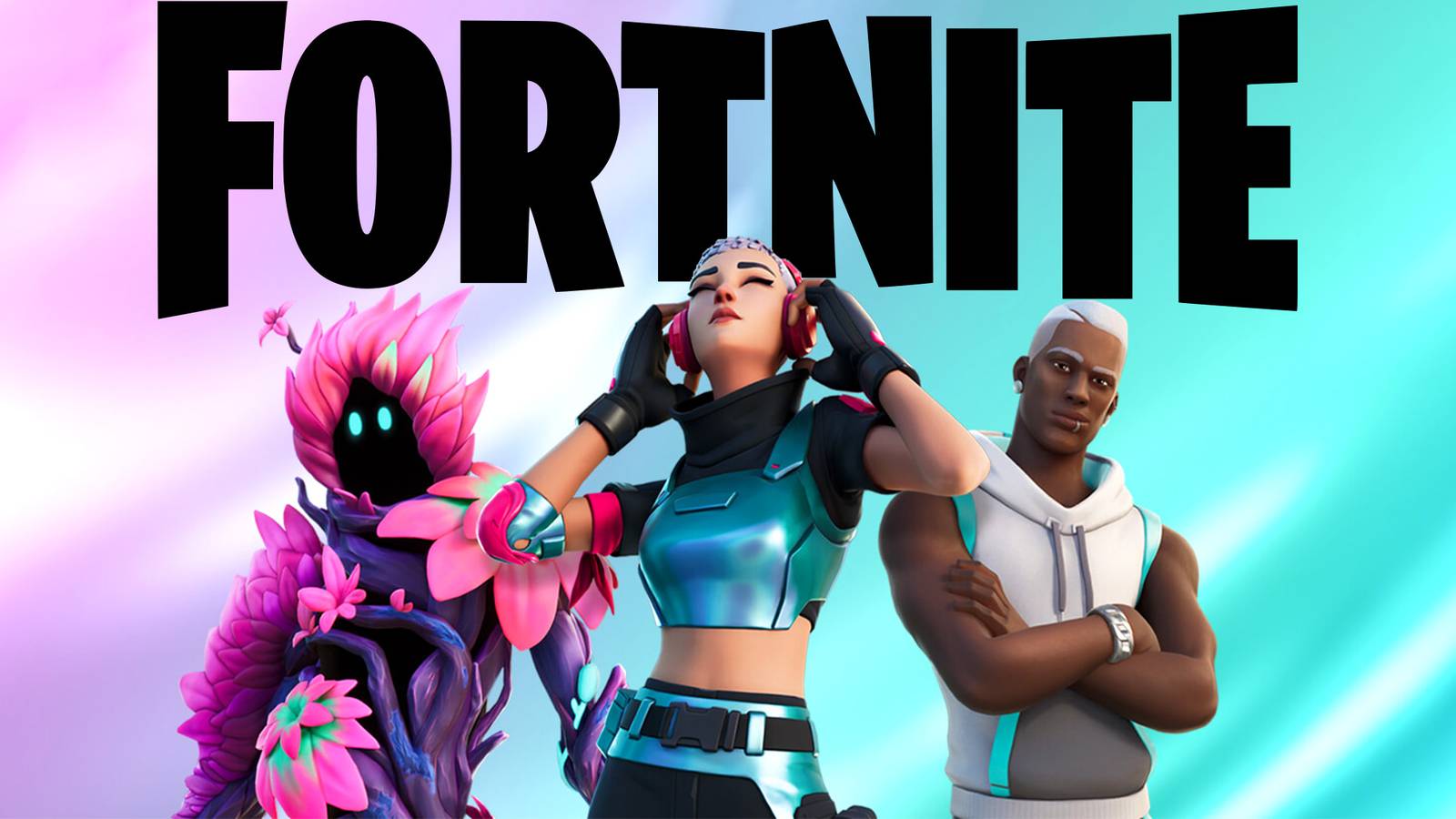 black Fortnite logo above three characters on colorful gradient background