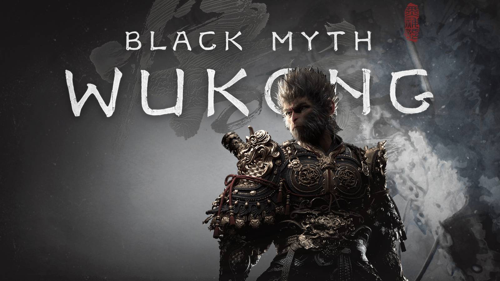 Black Myth Wukong protagonist in front of game logo gray paint brush background 2x1 composite