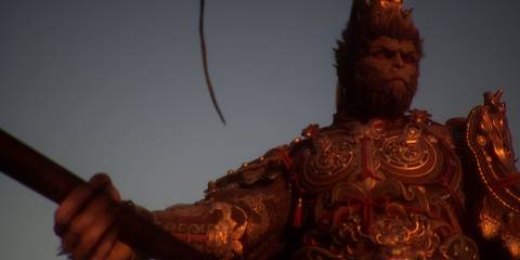 The main character of Black Myth Wukong in armor holding a staff