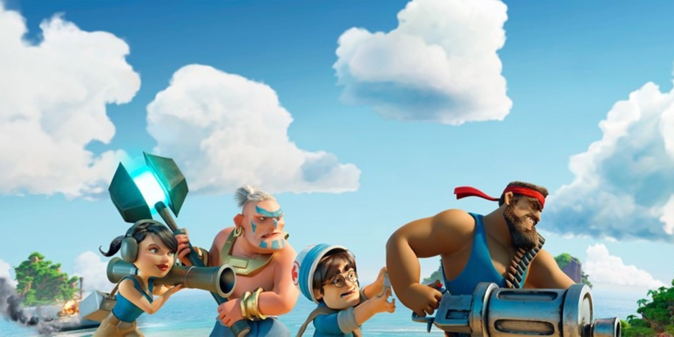 Zooka, Warrior, Medic and Heavy from Boom Beach running along a beach with blue sky and white clouds behind them