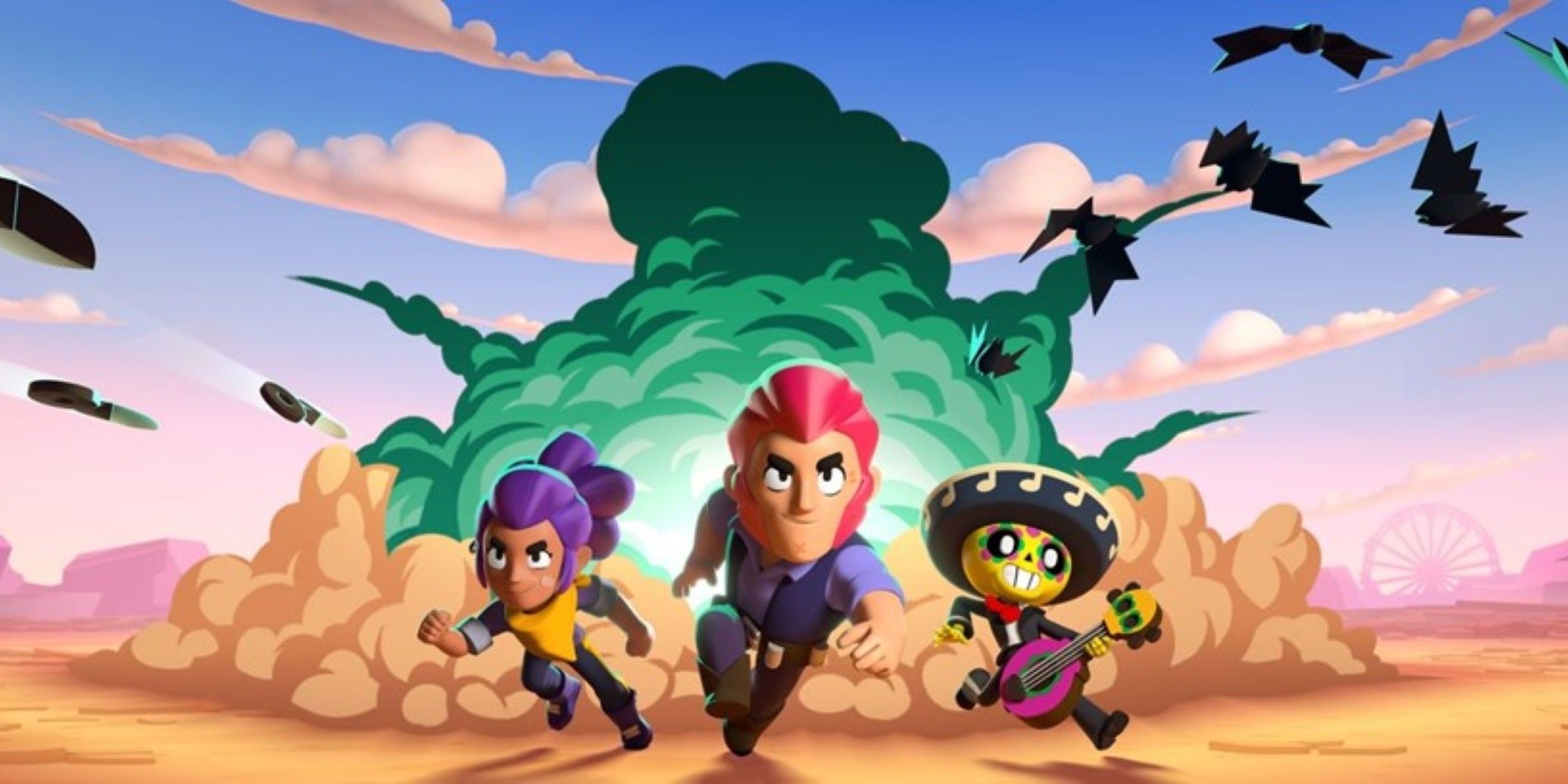 Shelly, Colt and Poco from Brawl Stars running away from a green explosion in the desert behind them