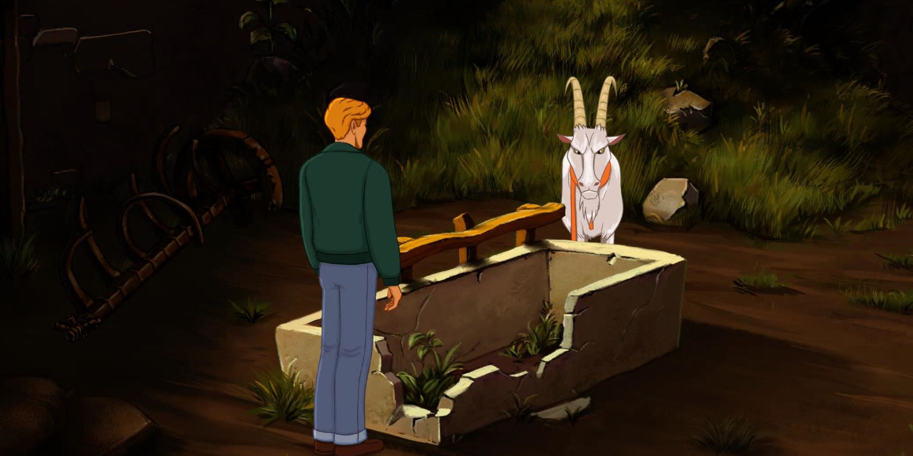 Broken Sword George is watched by the goat