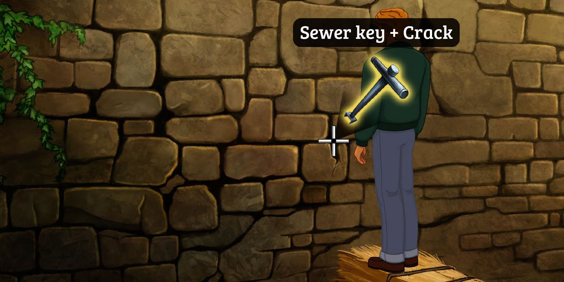 Broken Sword George using the sewer key in the wall crack