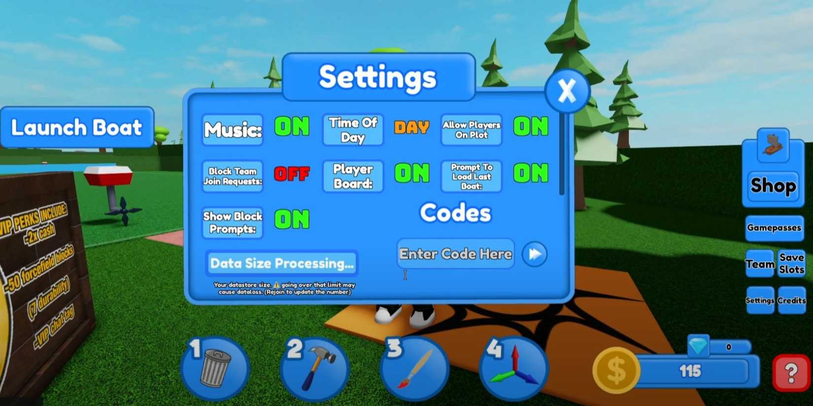 Build A Boat With Blocks: the codes tab