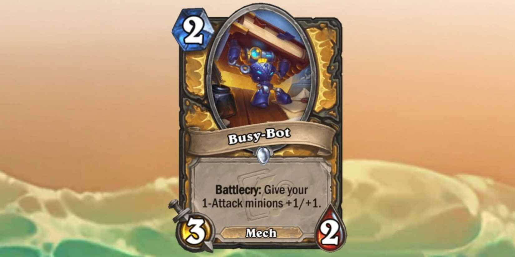Busy-Bot card from Hearthstone on a beach themed background 