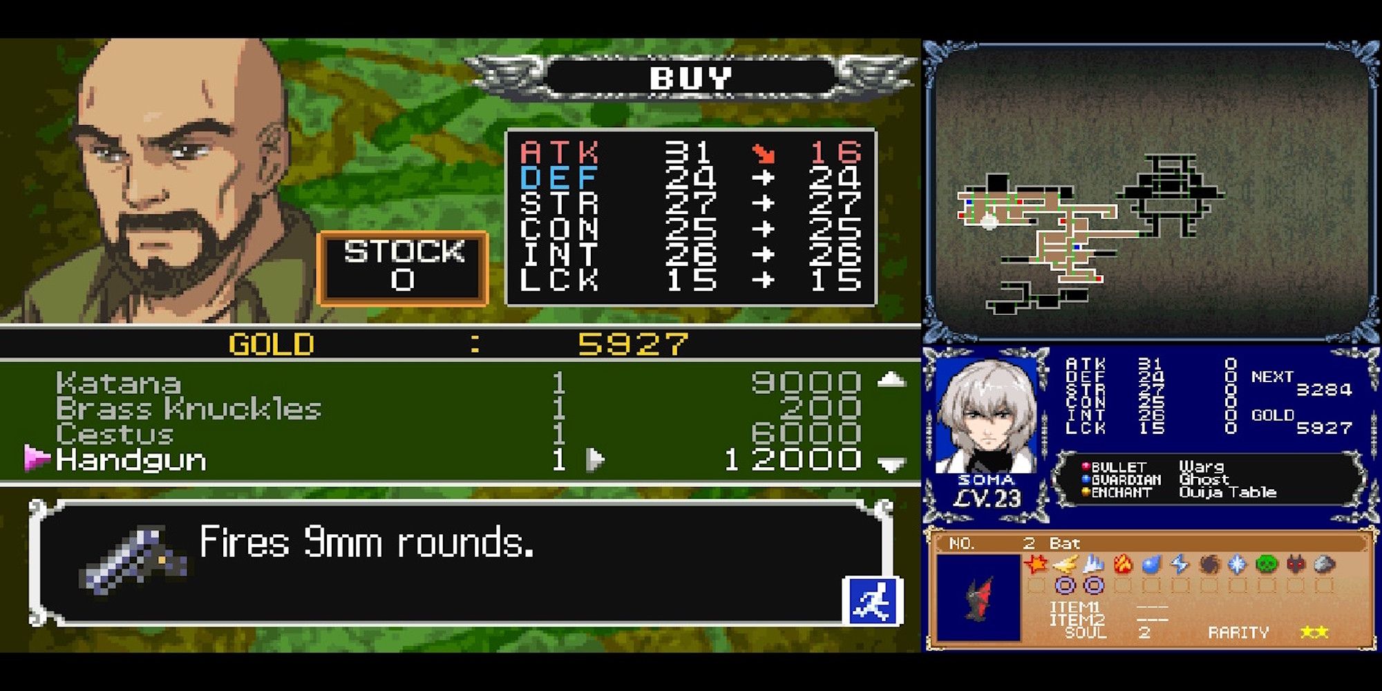 Buying a Handgun in Castlevania Dawn of Sorrow